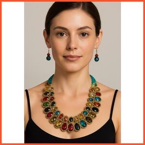 Ellen Tracy Colorful Gold Beaded Necklace & Earrings Set